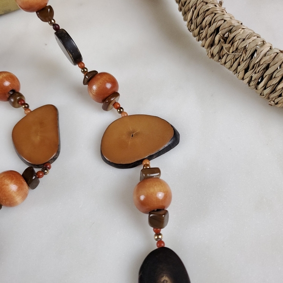 Vintage Boho long petrified chunky wood bead slice necklace - Picture 10 of 14